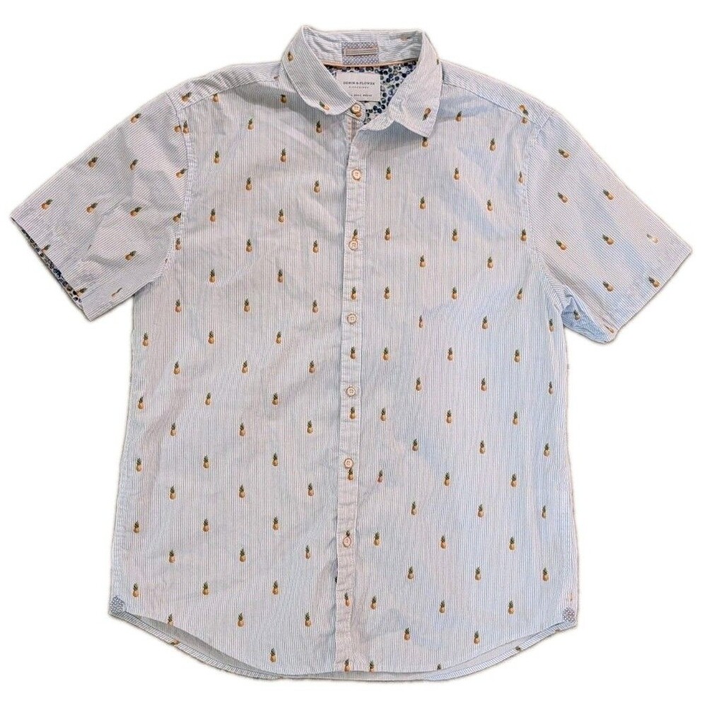 Denim & Flower Ricky Singh Mens L Pineapple Shirt Slim Fit Blue Stripe Button Up